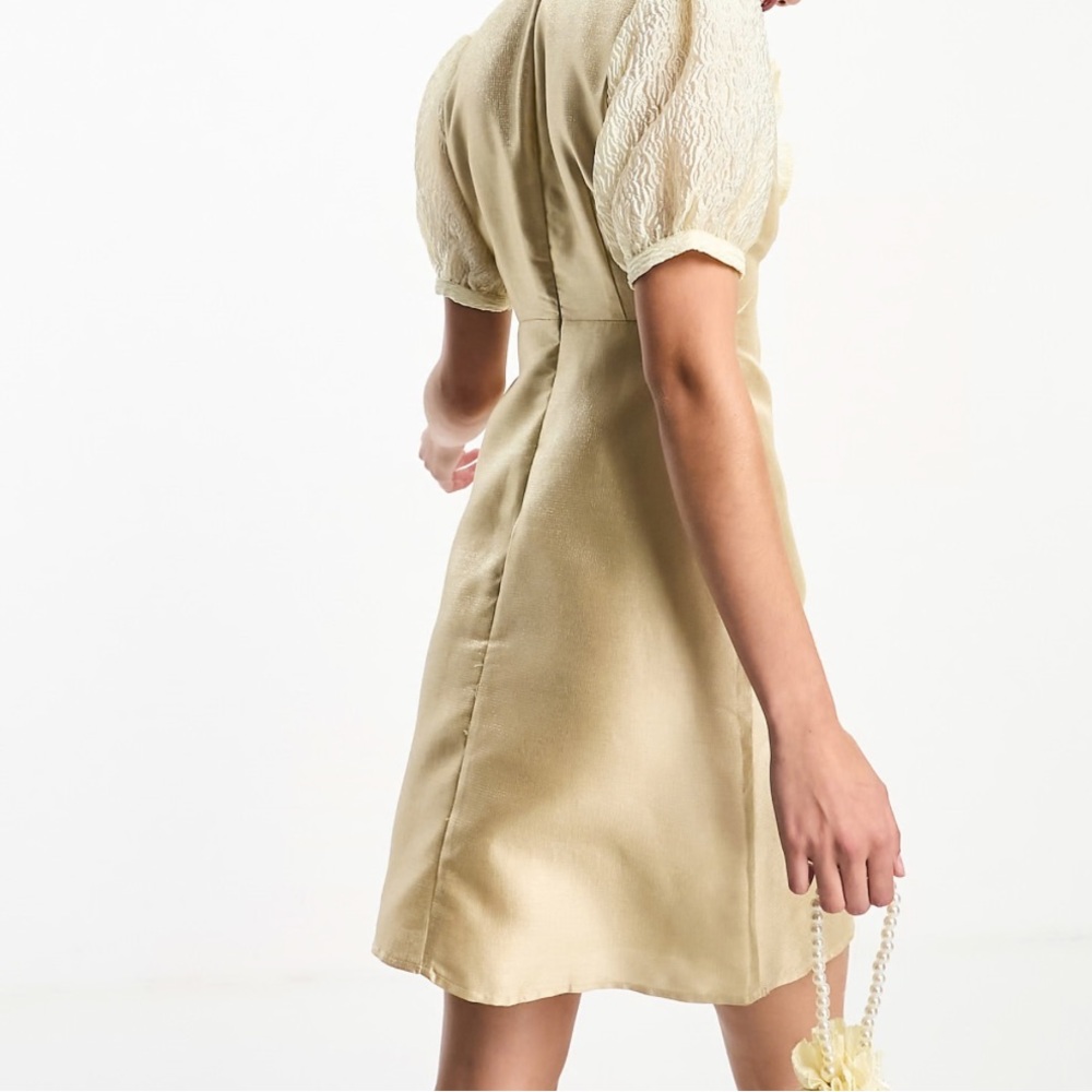 DREAM Sister Jane Satin Jacquard Lace Mini Dress In Gold - Picture 14 of 14